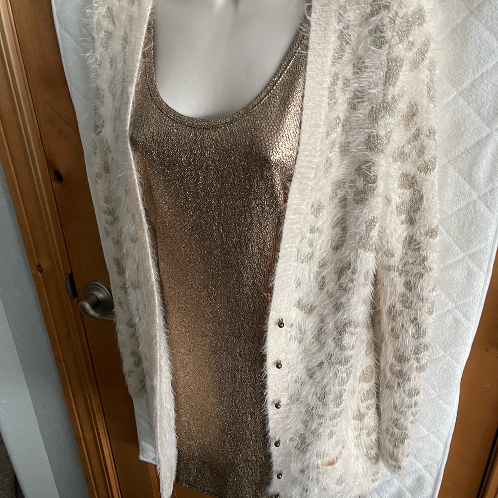 Maison Jules Cream and Rose Gold Soft Leopard Cardigan